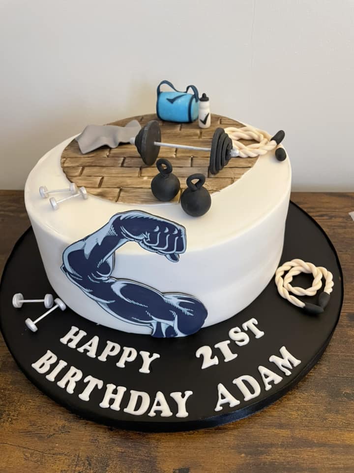 gym design cake with "happy 21st birthday Adam" 