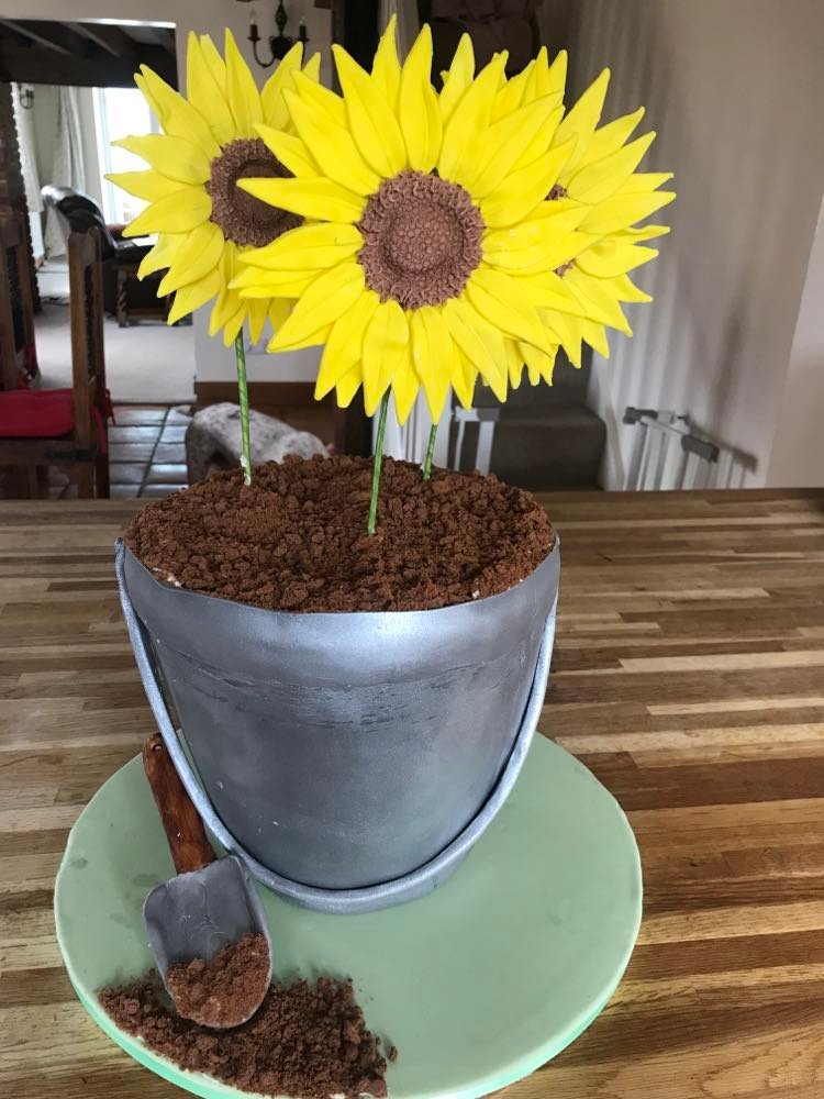 hyper realistic cake of sunflowers coming from a bucket of soil cake. 