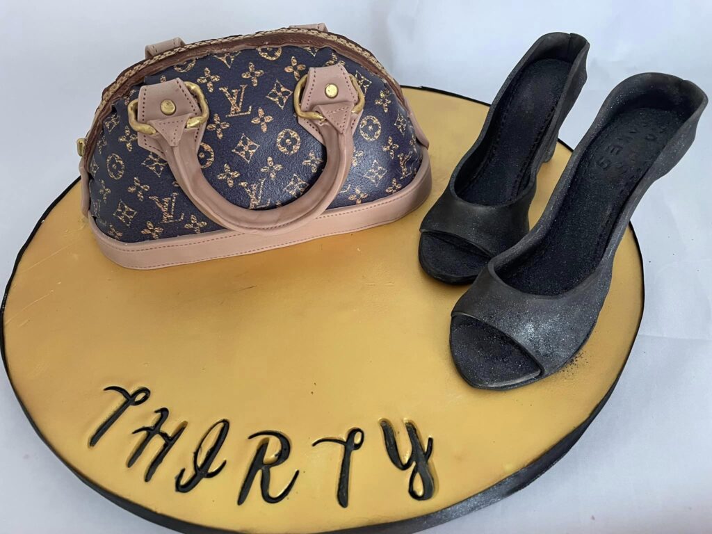 LV Louis Vuitton bag and shoes custom made occasion cake kent