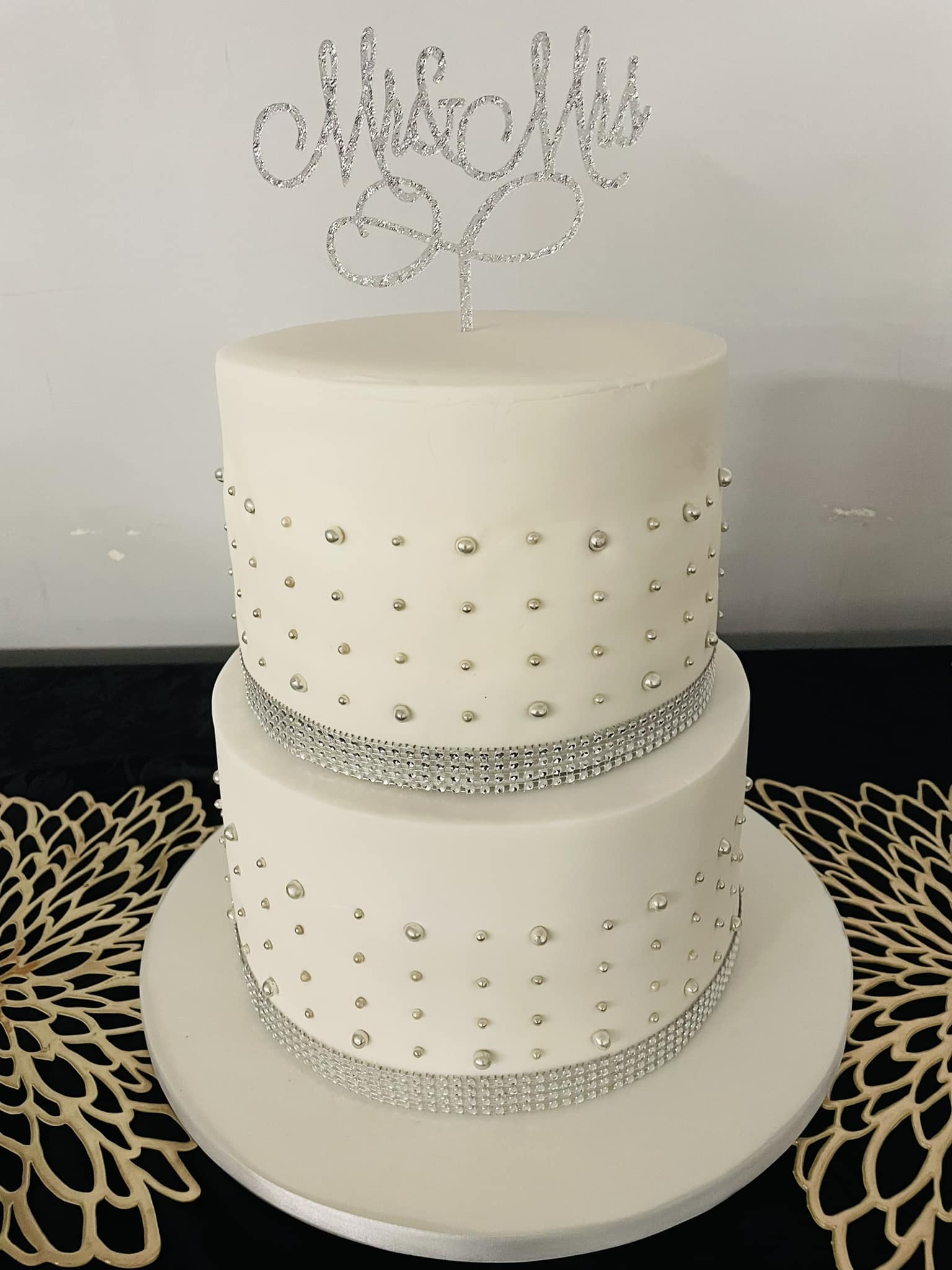 wedding occasion cakes mr and mrs white wedding cake with topper and silver balls 